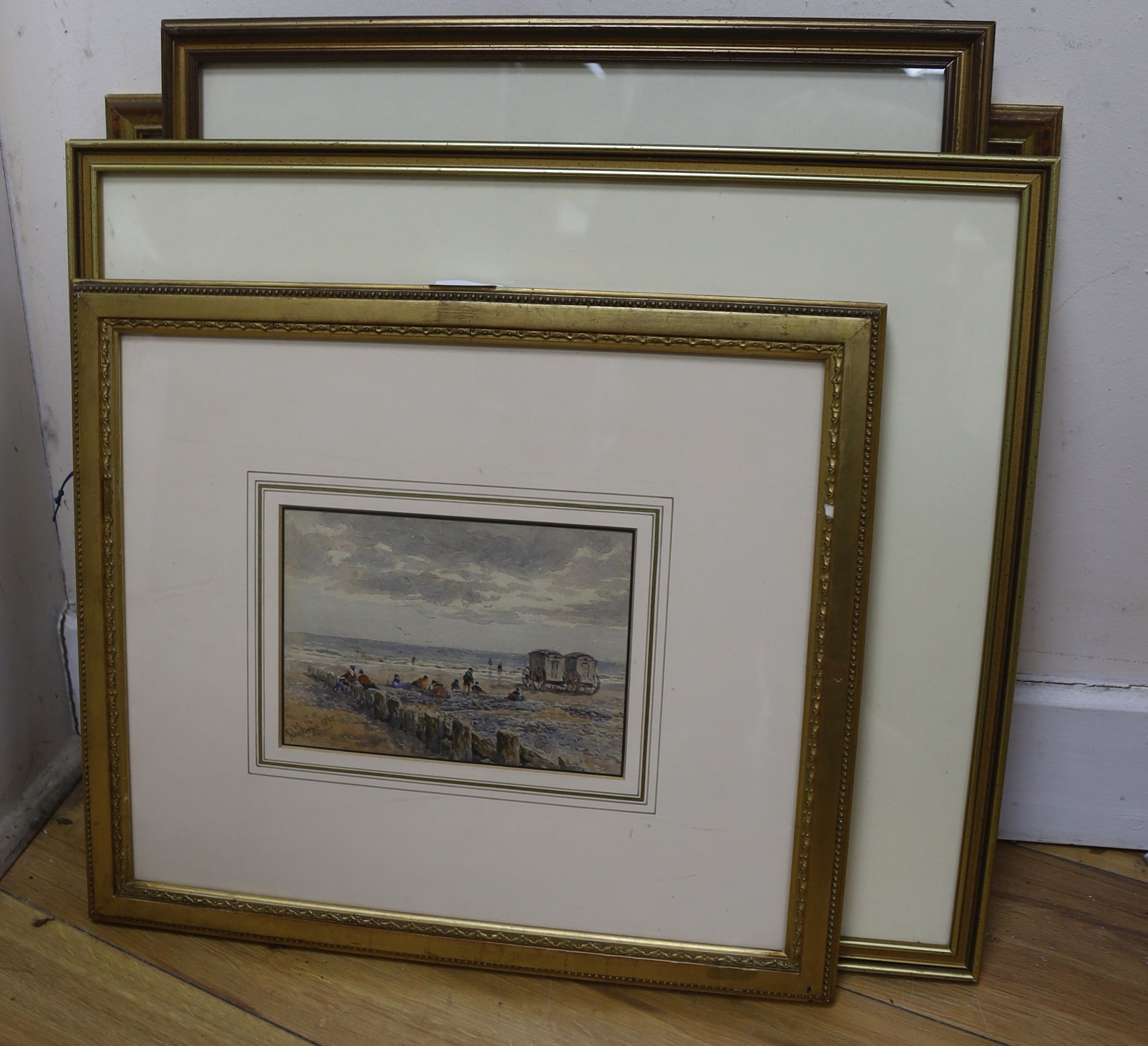 A group of five assorted watercolours; John Steeple, Beach scene; D. Addey, Harbour Master's Office; William Anderson, Scene at Stoke, Kent; Sidney Pike, landscape and